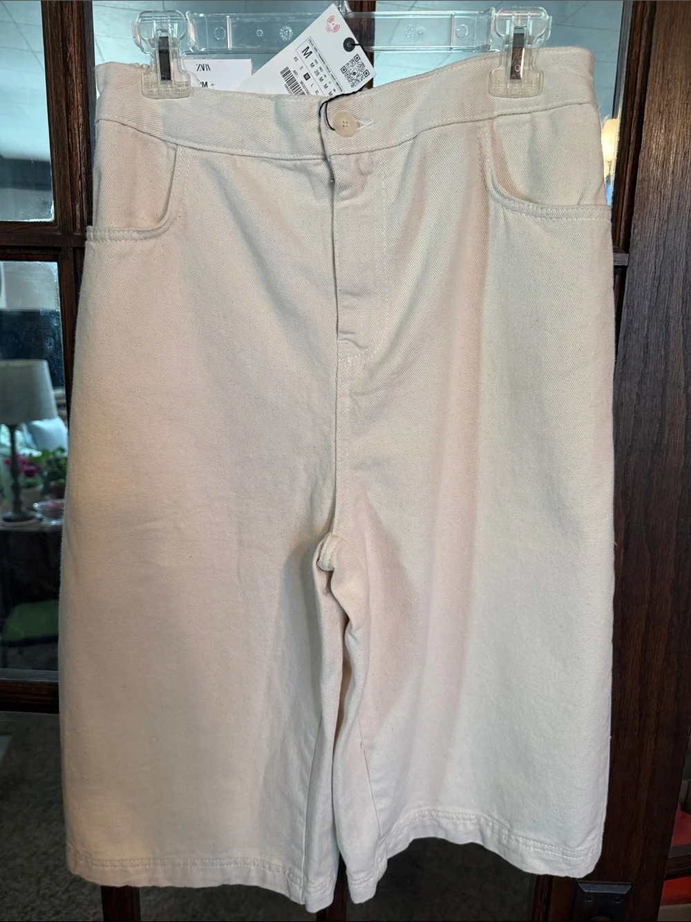 Zara The Elastic Bermuda Ecru Denim Shorts High Waist Wide Leg Women's M 28 NWT